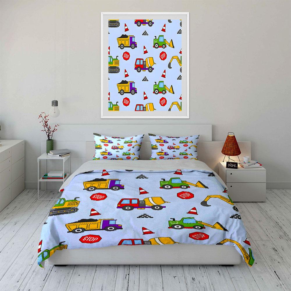 Construction Vehicles Kids Play Set  Kid'S And Adults' Bedroom Decor, Exquisite Three-Piece Bedding Set Gift