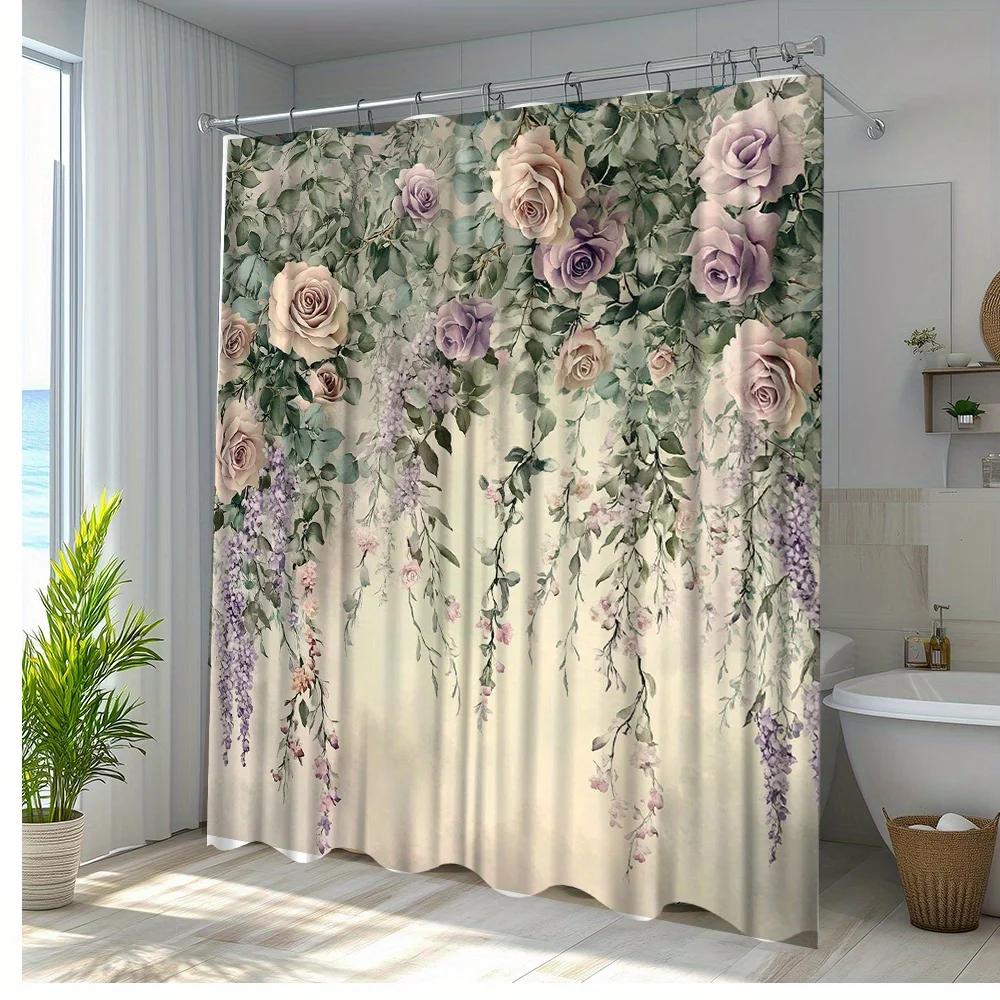 1pc Elegant Floral Design Shower Curtain for Bathroom Decoration with Soft Polyeer Fabric, Comfortable and Beautiful Look