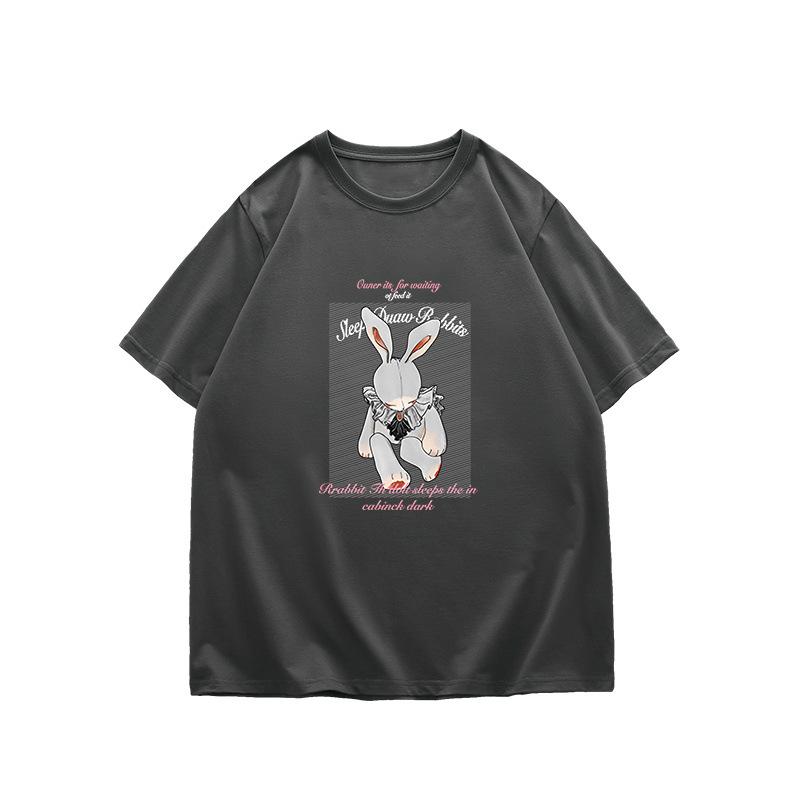 American retro rabbit necklace pure cotton short-sleeved t-shirt women's 2025 summer new loose street trendy top