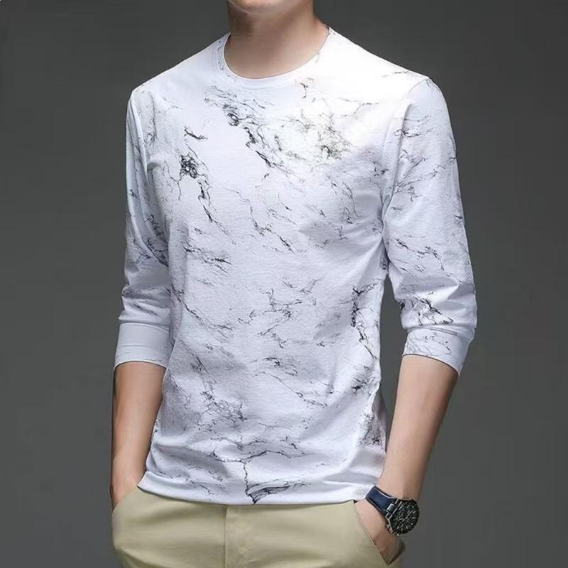 

Men Marble Print Long Sleeve T Shirt Crew Neck Casual Slim Fit Marble Pattern Tee M