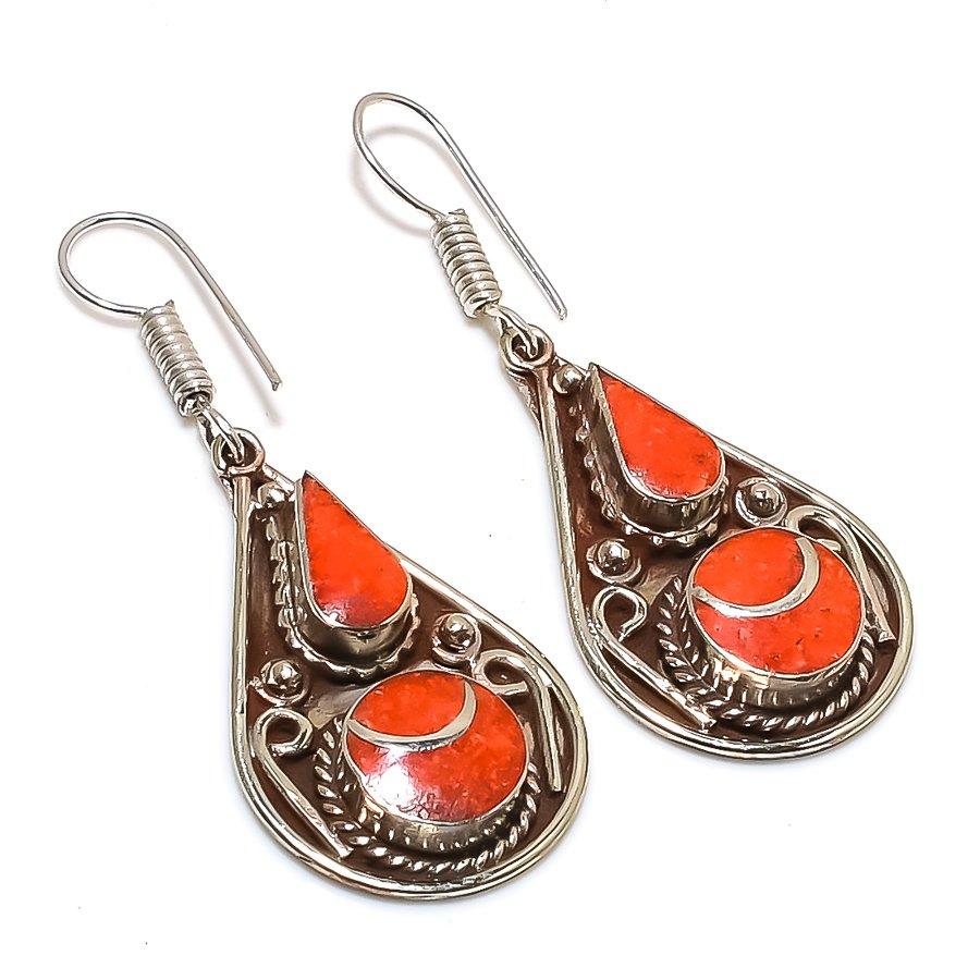 

Natural Red Coral Gemstone Handmade Jewelry Earring 2.21 W8T30