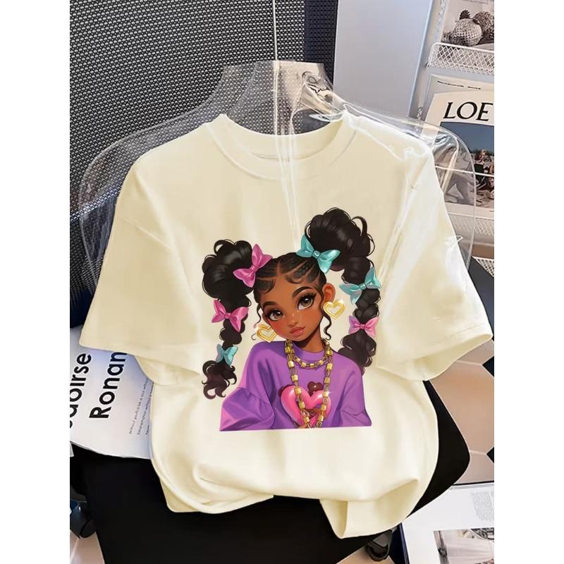 Girls' Summer Crew-Neck Short-Sleeved Top New Black Girls Cute Top Girls Clothes Cartoon Print T-Shirt Top Children's Clothing