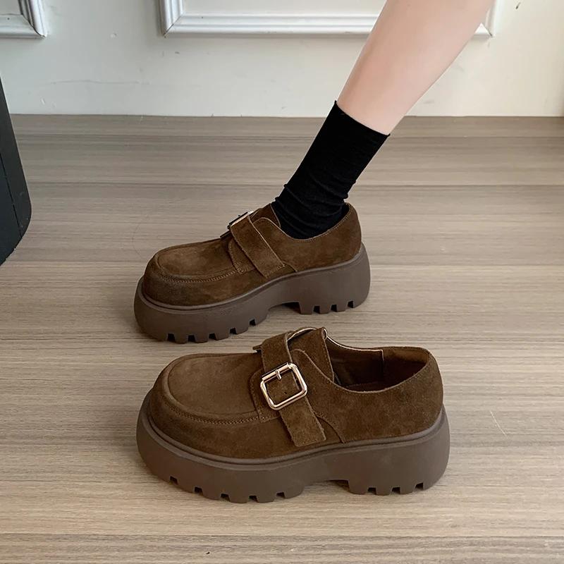 Fashion Autumn New Coarse Heel Shoes for Women Round Head Deep Mouth Metal Buckle Soft Sole Anti-slip Wear-resistant Low-top Shoes