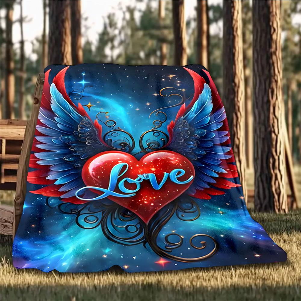 1pc Heart Wings Love Throw Blanket Polyester Fiber, Lightweight Flannel, Soft & Warm, All Season Use for Outdoor, Camping