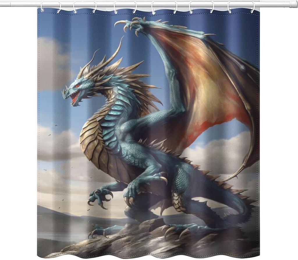 Cartoon Retro Dragon Shower Curtain Medieval Castle Shower Curtain, Fantasy Magic Dragon Retro Pattern Printed Boys Girls Teen