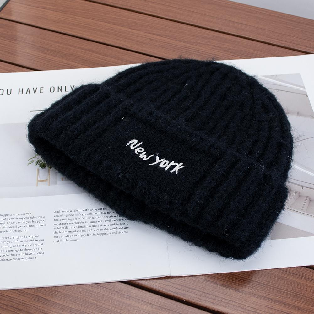 Simple letter blue knitted wool hat women's winter new warm ear protection hat bag head cold hat