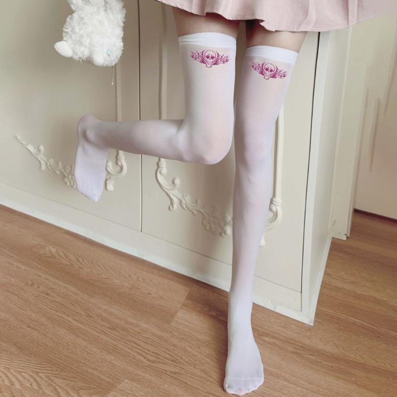 Halloween Skull Print Stockings for Women Girl Silk Leggings Tights Sock Cosplay Costume Over Knee Thigh High Long Socks