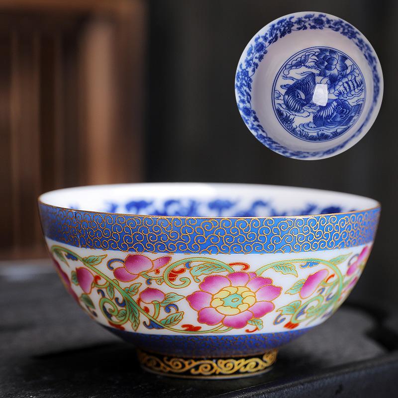 Ceramic Enamel Color Tasting Single Blue and White Douli Japanese Style Filigree Tea Bowl Kung Fu Master Cup Gift Bo