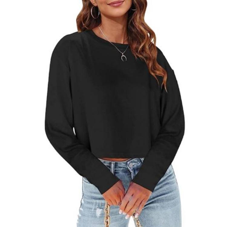 Casual Daily Wear Women Cropped Tops Loose Fit Solid Color Pullover Round Neck Long Sleeves Tops S