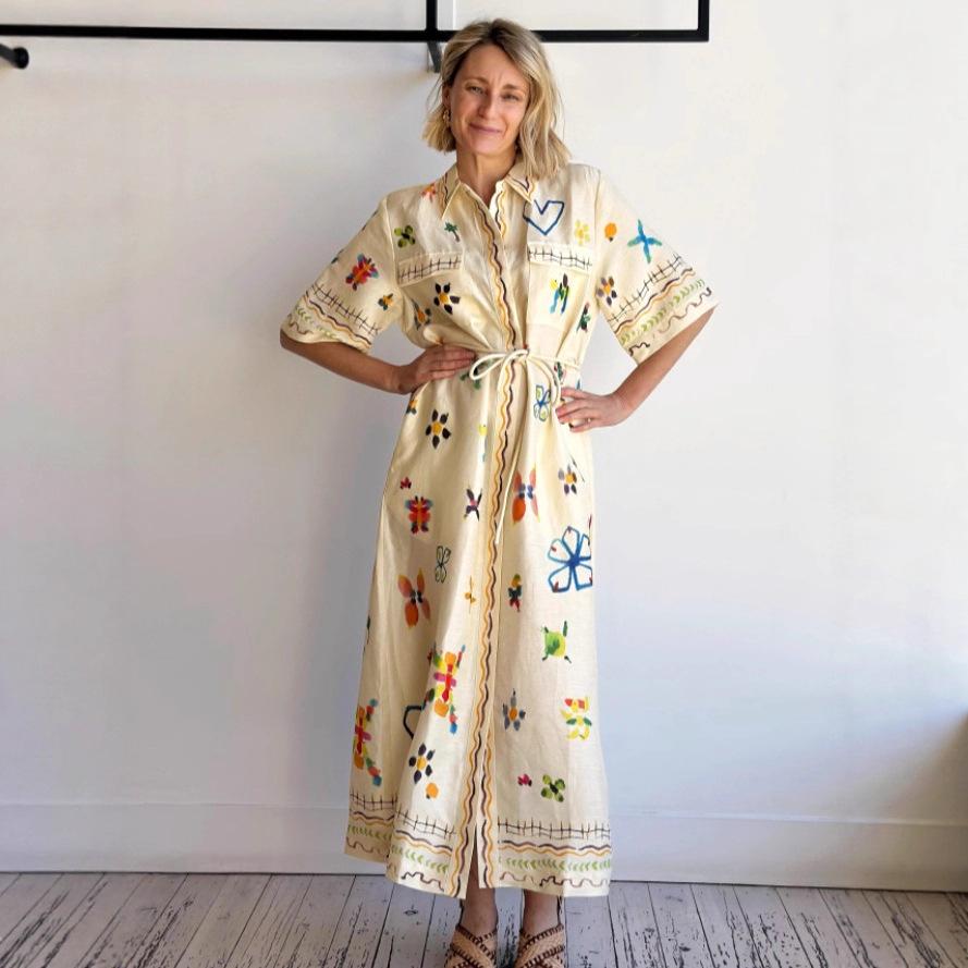 2025 Cross-Border Casual Linen Graffiti Print Cardigan Dress L абрикосовый
