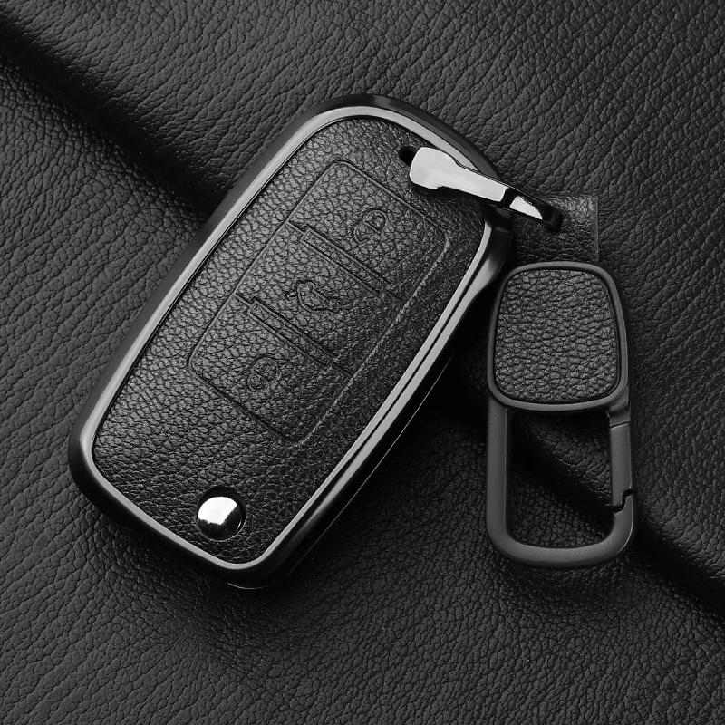 Metal And Leather 3 Button Car Key Case Cove For Vw Volkswagen Beetle Caddy Eos Golf Jetta Polo Scirocco Tiguan Touran Up