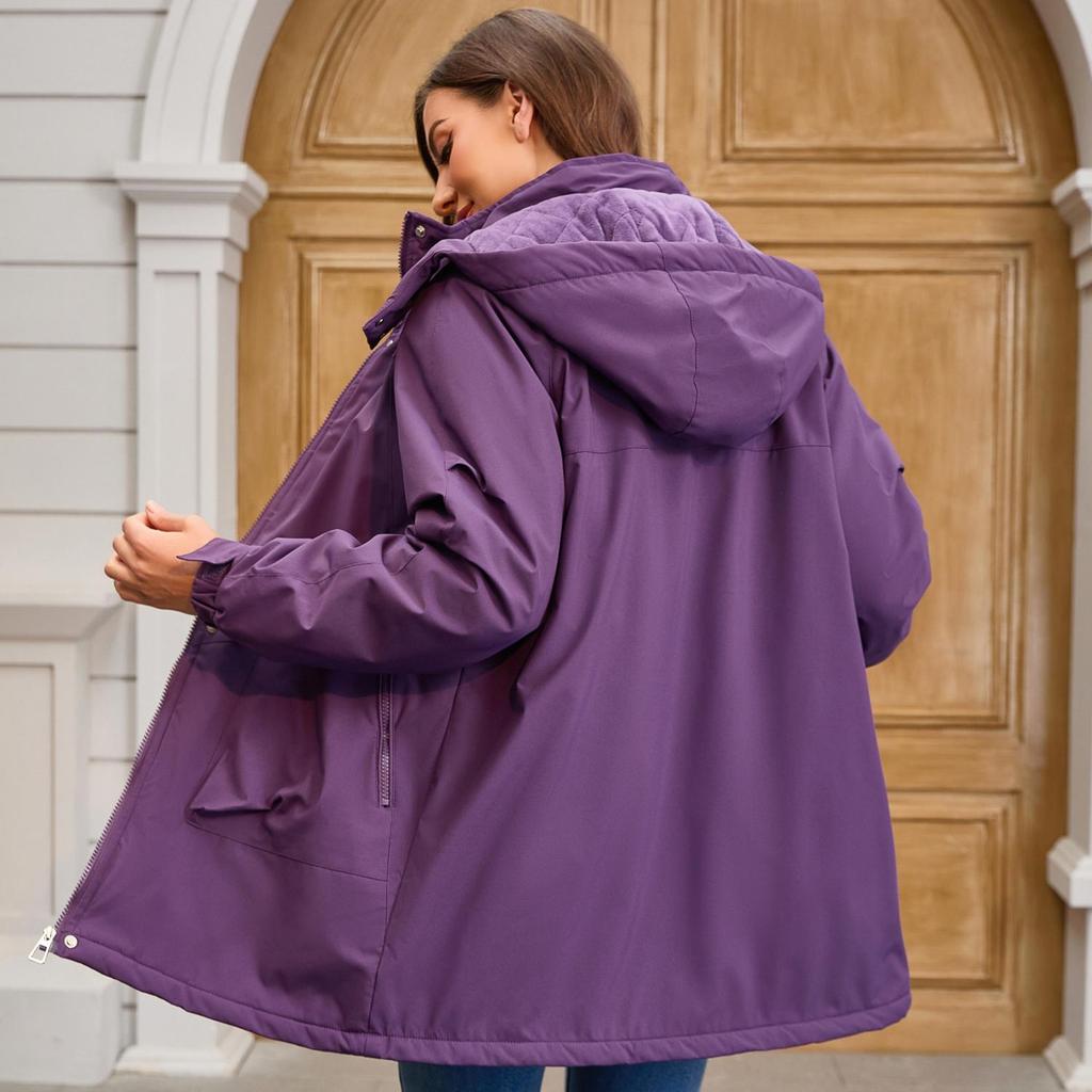 Women’s Warm Windcheaters Detachable Hooded Fleece Lined Zipper Coats Windproof Parka Outdoor Hiking Mountaineering Jackets