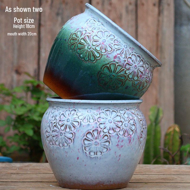 Handmade Embossed Rose Ceramic Succulent Pot, Tall Breathable Coarse Pottery, Large Mouth Plant Pot with Flower Design.