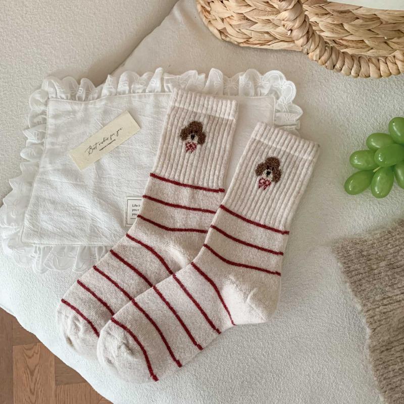Female Autumn Winter Fashion New Year Christmas Bow Red Wool In Tube Socks