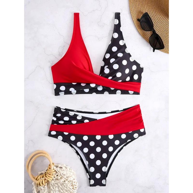 2025 European & American Color Block Polka Dot Crisscross Backless Sexy Split Swimsuit Bikini for Women