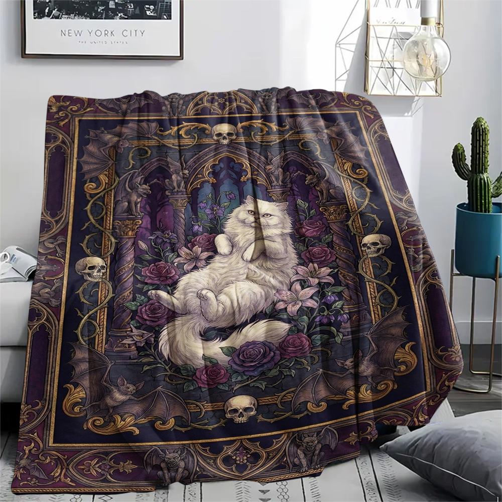 Cat Gothic Print Flannel Blanket, High quality Comfortable for All Seasons, Home Decor, Warmth and Comfort, Perfect for Christmas Gifts07