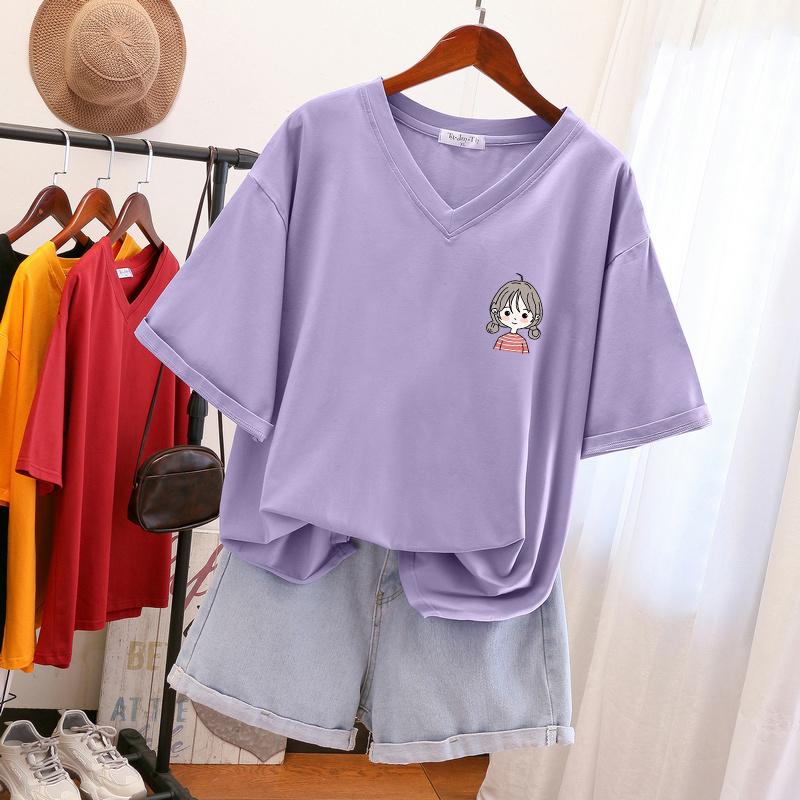 

Женская футболка с коротким рукавом, большого размера, свободная и стройнящая, топ с V-образным вырезом с принтом 5XL фиолетовый