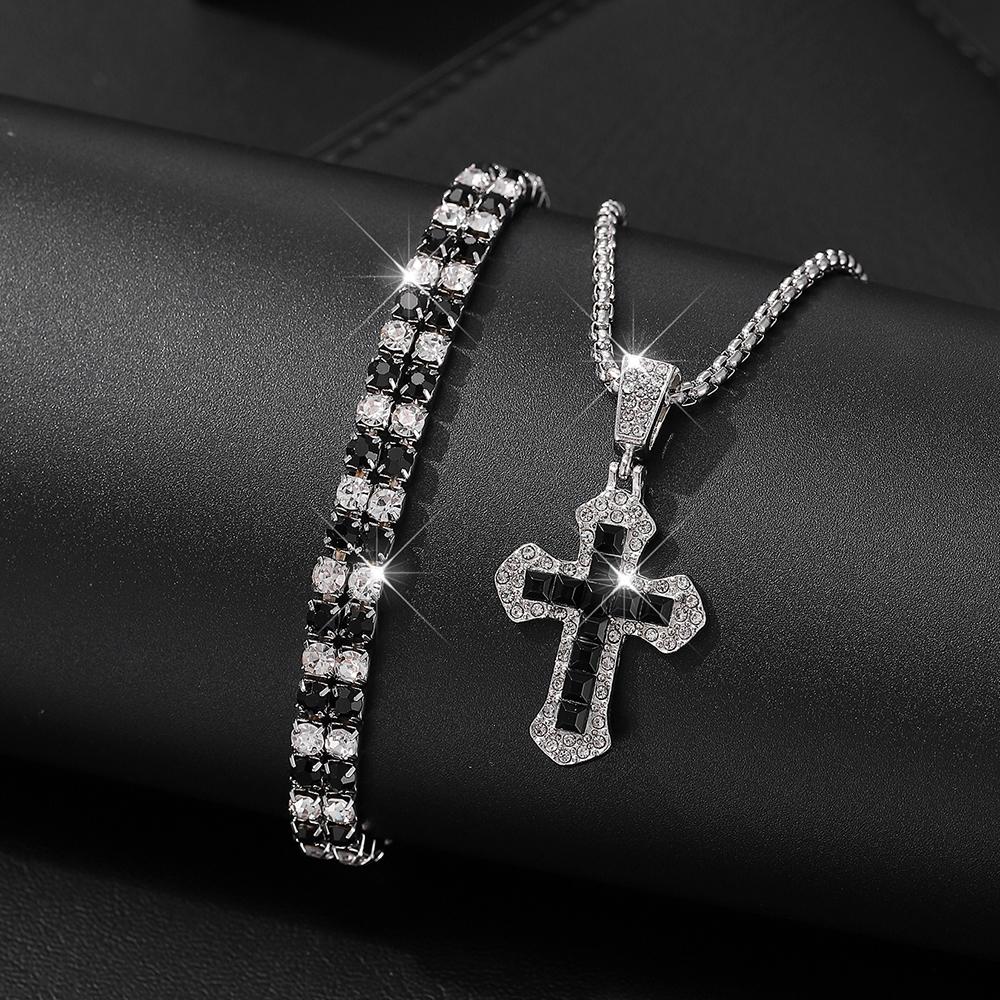 3 Piece Men Fashion Personality Simple Black Stainless Steel Non Fading Cross Necklace Ring Bracelet Set Accessories