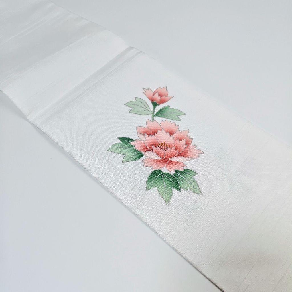 Used H-910 Nagoya obi Made in Nagoya, synthetic fiber, 9 dimensions, peony, chrysanthemum, flower pattern