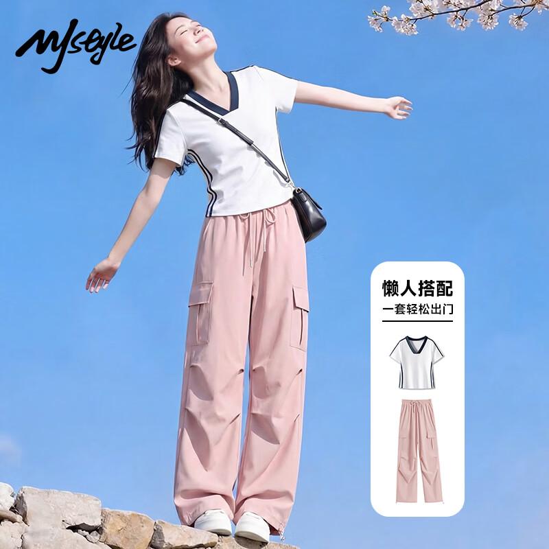 

MJ STYLE Women s Summer V-Neck Colorblock Tee & Cargo Pants Set XL