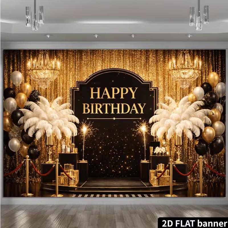 2D Roaring 20s Happy Birthday Backdrop Black Gold Glitter Curtain Party Background Banner