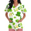 Women's Fashion Short-Sleeve Sleeve St. Patrick's Day Print V-Neck Pocket Workwear Top