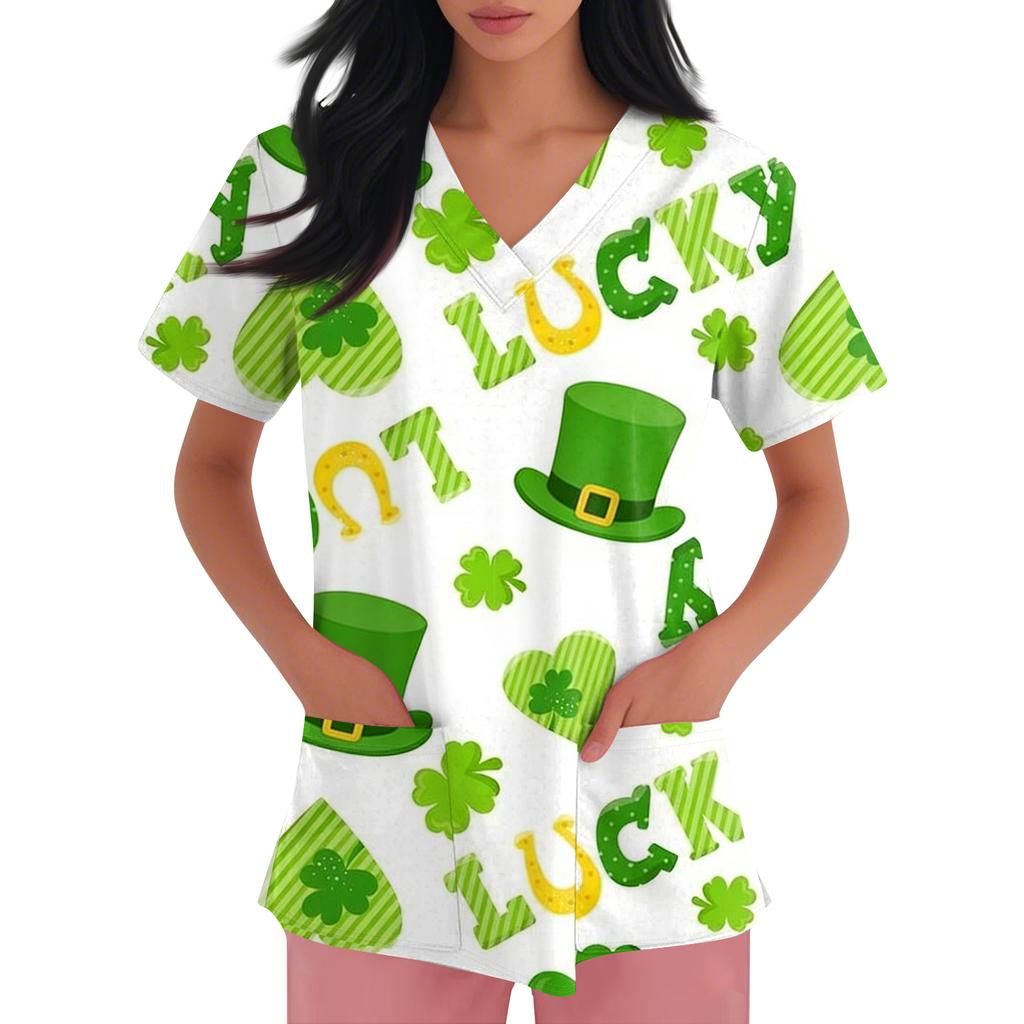 Women's Fashion Short-Sleeve Sleeve St. Patrick's Day Print V-Neck Pocket Workwear Top