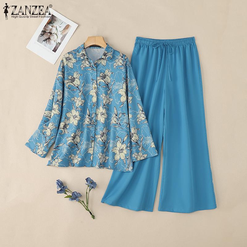 ZANZEA Women Long Sleeve Print Blouse and Pants Casual Two Piece Suit Sets