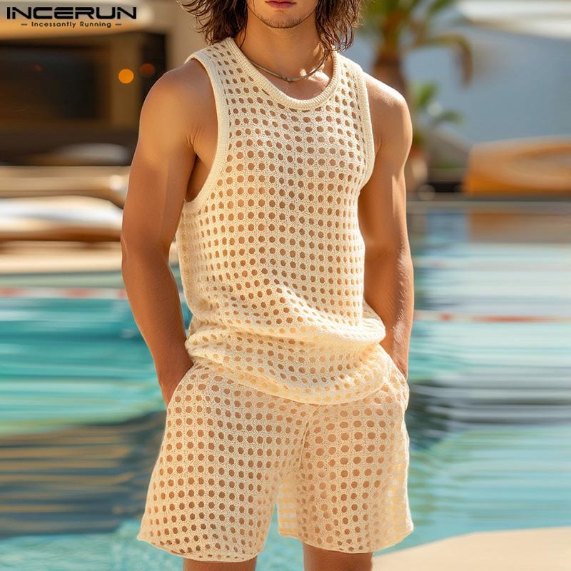 INCERUN Zweiteilige Herren Hollow Ärmellose Tanktops und Shorts Strandoutfits Sets 2PCS