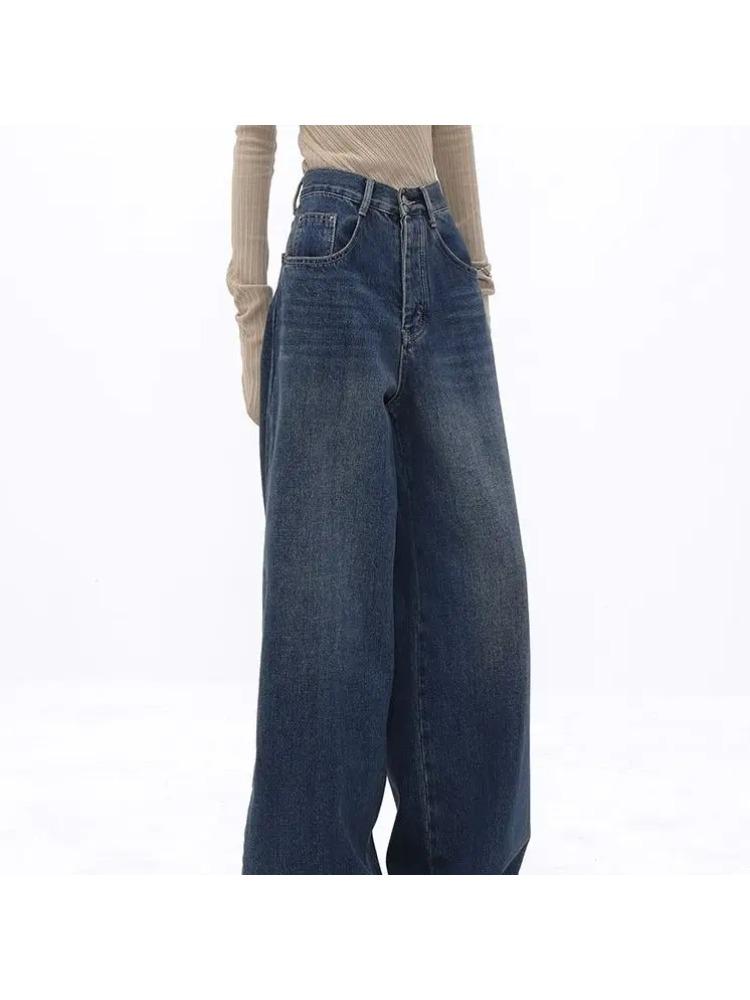 Amerykańskie jeansy vintage z wysokim stanem i oversize dla kobiet, luźne, luźne, Y2K, szerokie nogawki, modne, streetwear, niebieskie, dżinsowe spodnie