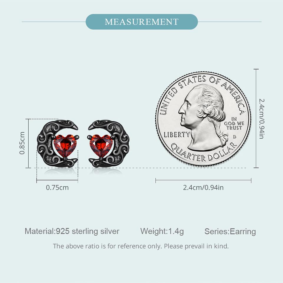 WOSTU 925 Sterling Silver Punk Black Gold Heart Red CZ Stud Earrings For Women Moon Ear Studs Halloween Collection Jewelry Gift