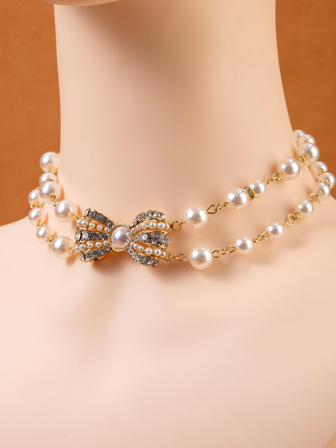 Pearl inlaid bow zircon temperament elegant double clavicle chain
