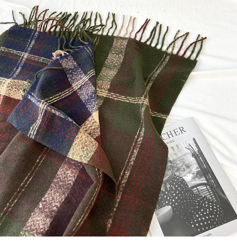 Women's High-End Plaid Tassel Shawl - Imitation Cashmere, Thickened & Warm for Autumn/Winter