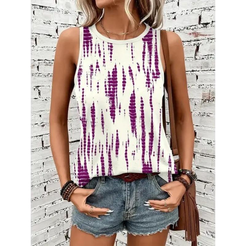 Damen Tanktop T-Shirt mit Print und gemusterten kurzen Ärmeln, ärmelloses Damen Rundhals-T-Shirt