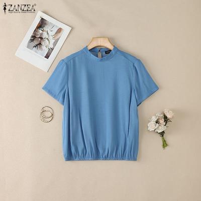 Blusa Casual da Donna a Maniche Corte e Girocollo a Tinta Unita