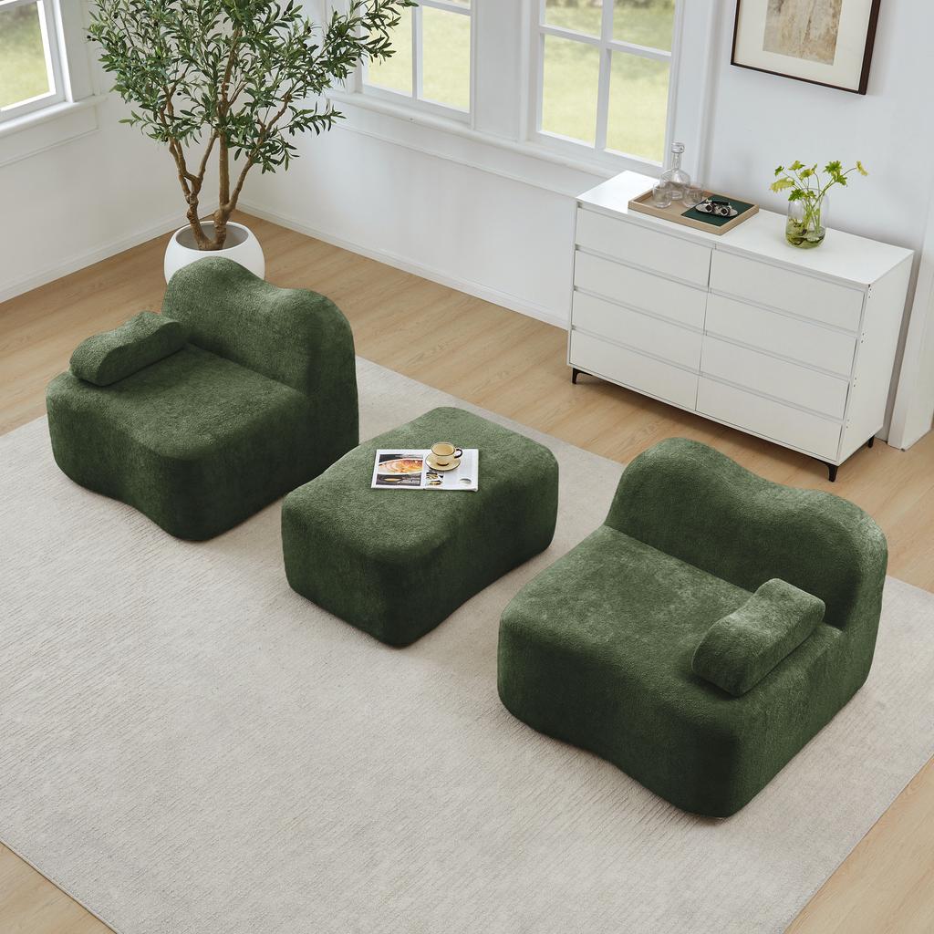 2-Sitzer L-förmiges Modulares Knochenloses Sofa mit 1 Hocker, Wellenform, Bewegliches Armlehnenkissen, für Wohnzimmer & Wohnung, Keine Montage Erforderlich, Grün