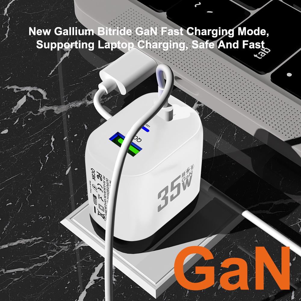 35W GaN Fast Charger with QC 3.0 & PD, Compatible with European & American Standards (9V/12V)