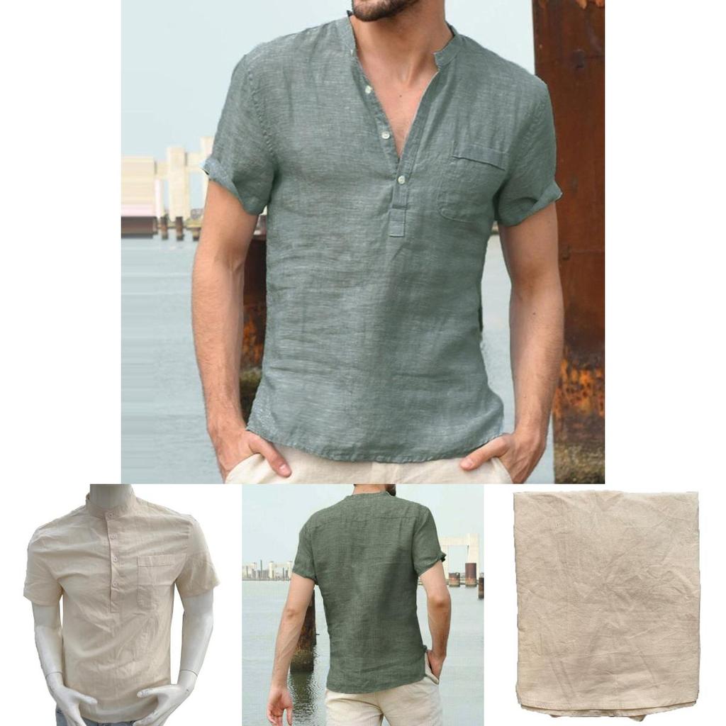 Summer Men Henley T Shirt Tops Casual Loose V Neck Short Sleeve Tee Pullover