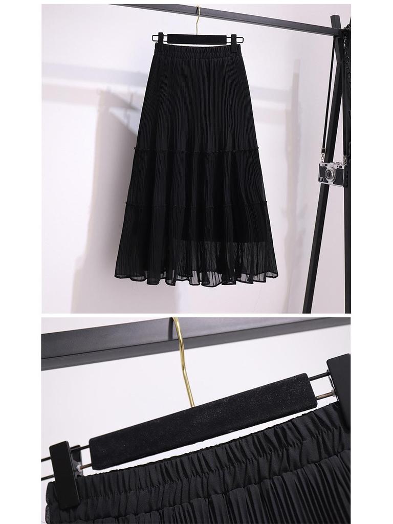 Chiffon Pleated High-Waist Midi Skirt for Spring/Summer 2024 - Solid Color, Loose, Mid-Length Skirt for Women