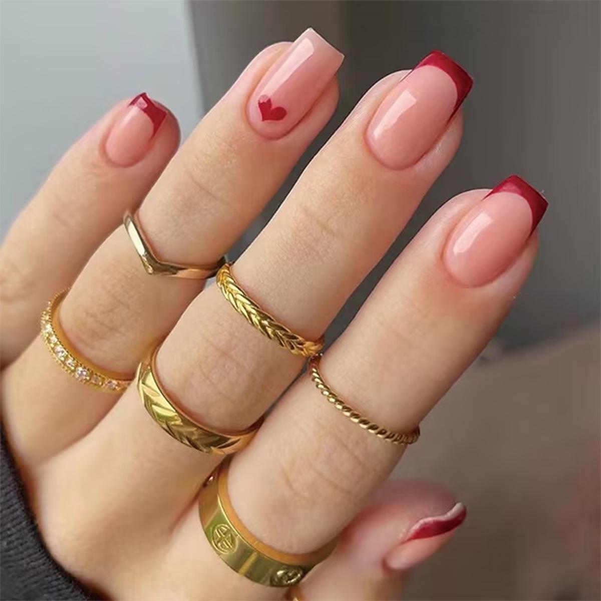 Valentine s Heart French Manicure Stickers: Elegant European-Style Short Red Nails