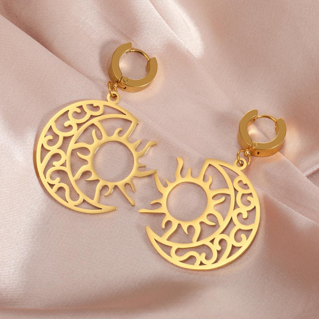Crescent Moon Sun Pendant Drop Earrings for Women Stainless Steel Gold Earrings Bohemian Jewelry Birthday Gift