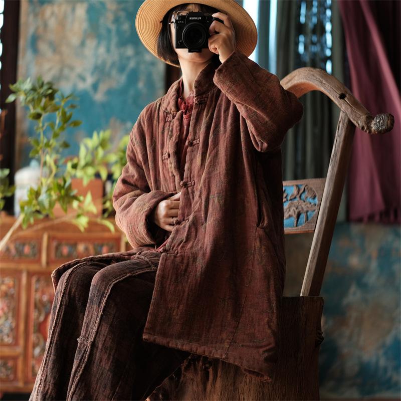 

Johnature Жіночі вінтажні бавовняні лляні парки з довгим рукавом і ґудзиками для зимового пальто плюс бавовняні жіночі парки в китайському стилі One Size кавовий