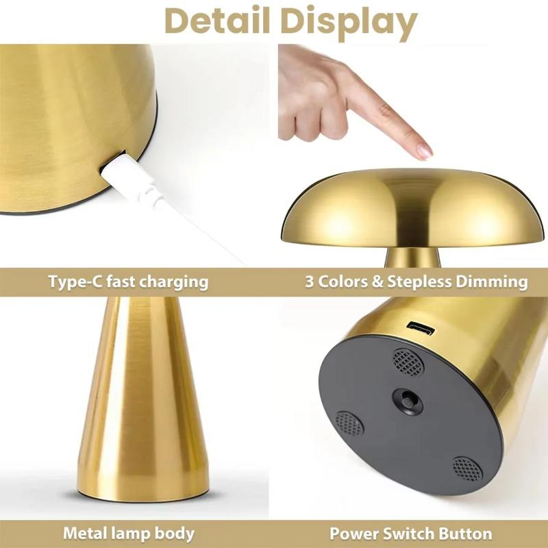 Mushroom Table Lamp Portable Touch Rechargeable LED Bedside Light Touch Control Reading Lamp for Bedroom Nightstands Metal