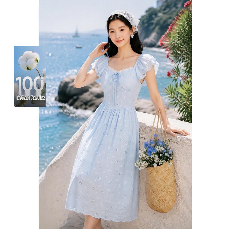 Qiushui Yiren Embroidered Cotton A-Line Midi Dress with Fly Sleeves XL