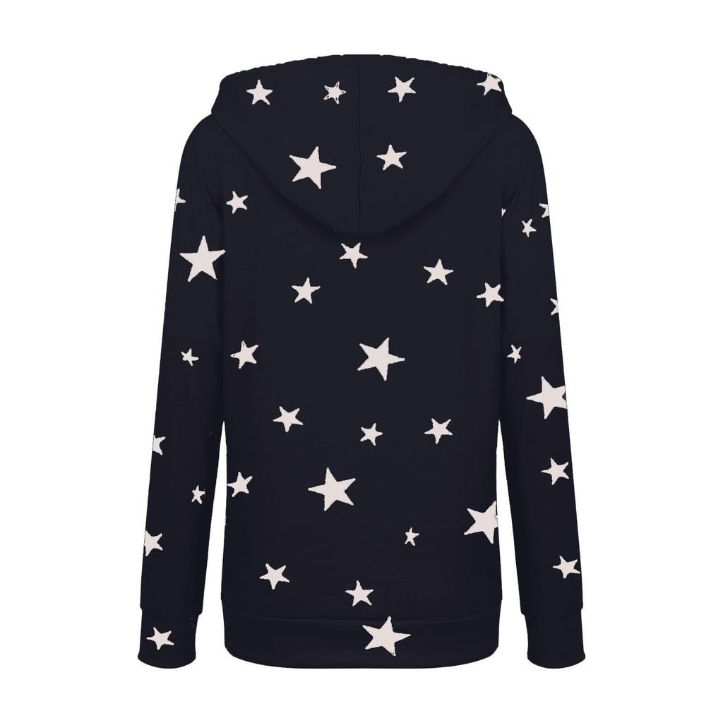 Women Fashion Hooded Star Print Patchwork Long Sleeves Tops Blouse Sweatshirt