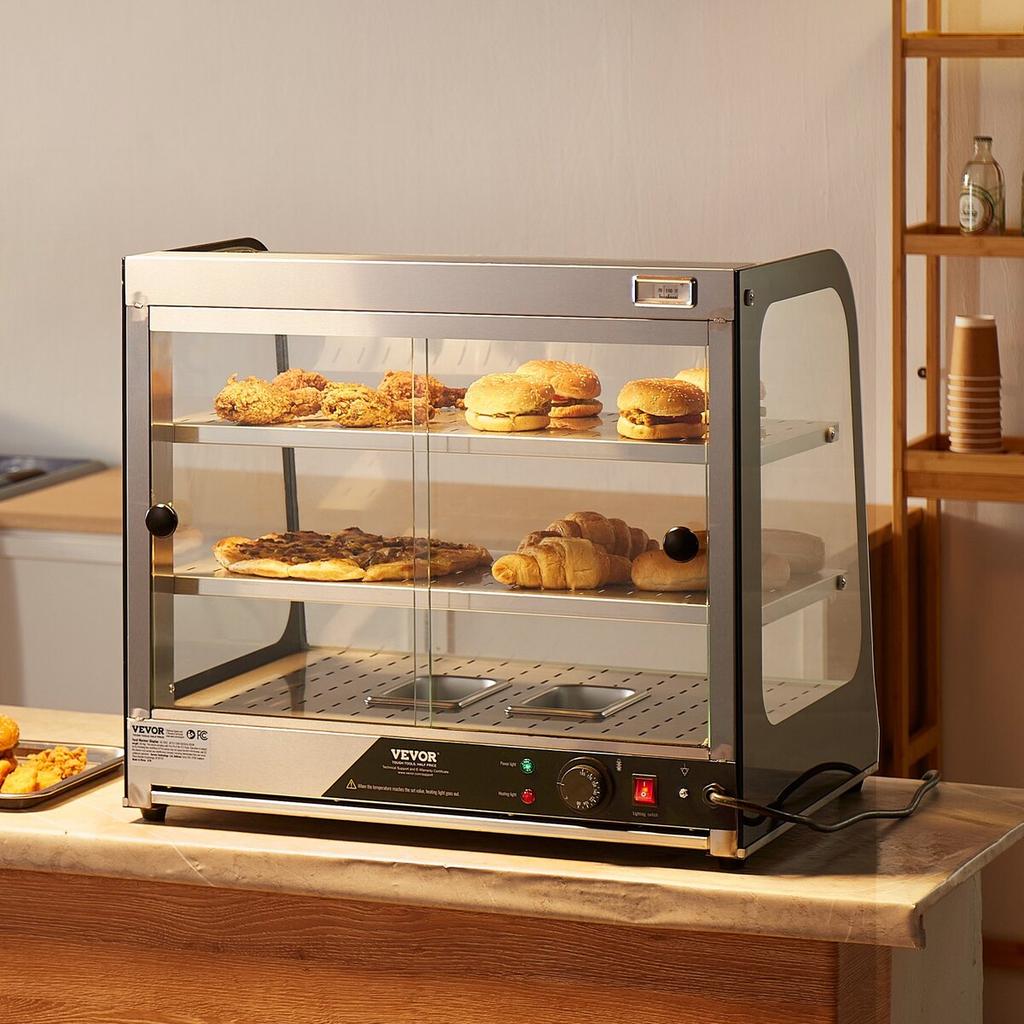 2-Tier Commercial Food Warmer Display Countertop Pizza Cabinet with Tong