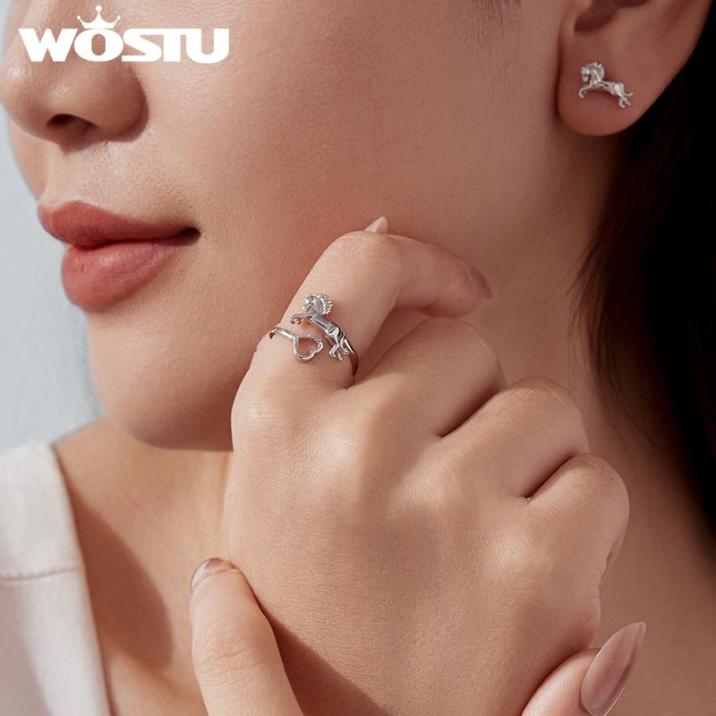 WOSTU Solid 925 Silver Lovely Horse Heart Open Ring For Women Original Animal Style Statement Rings Unique New Year Gift