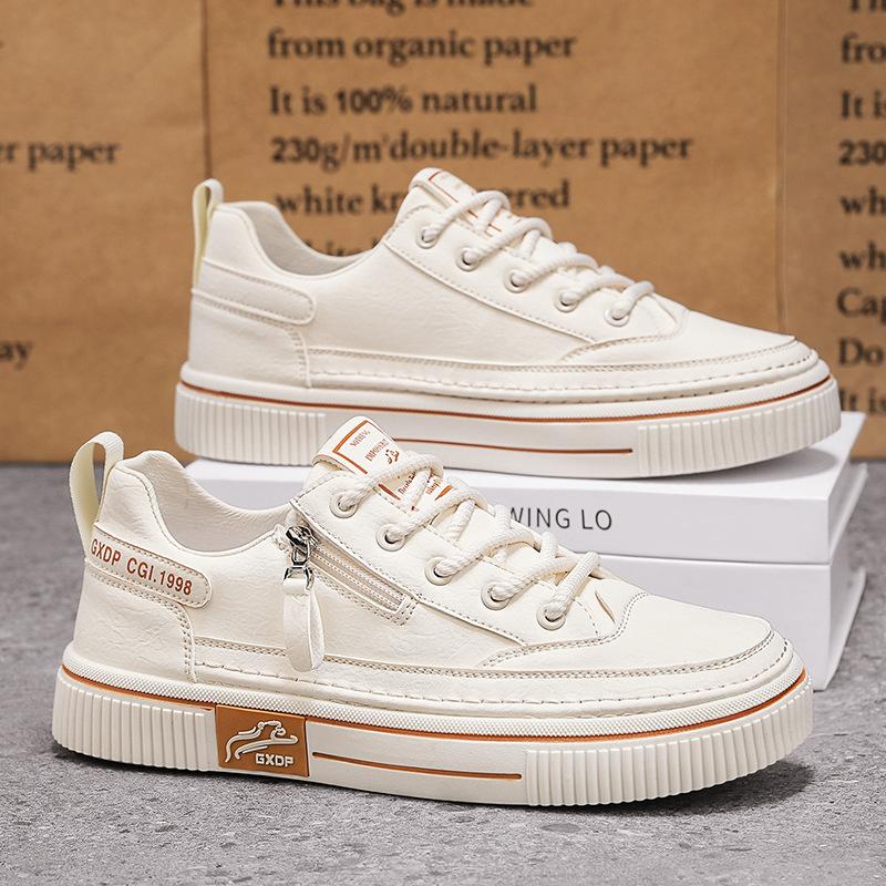 

Men s shoes 2025 summer new high-end side zipper leather board shoes Korean version of students going out sports style casual shoes 39 бежевый