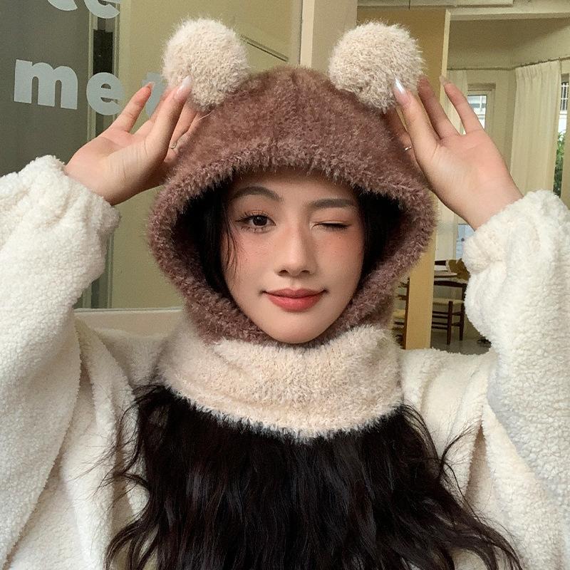 Korean New Autumn and Winter Hat for Women Cute Plush Panda All-in-one Hat for Winter Warm Scarf Hat Two Piece Set Thick