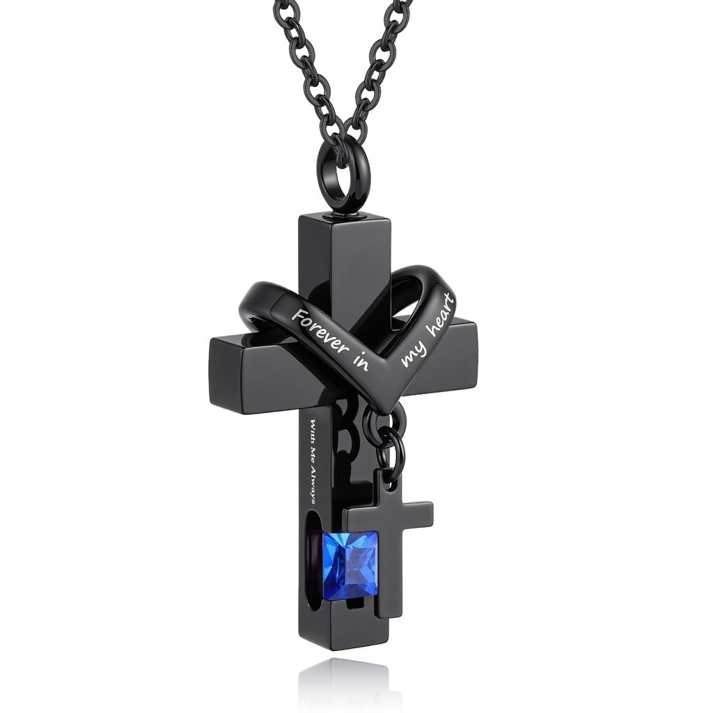 [InfuMemo] Cross-Shaped Urn Necklace for Loved One's Ashes with Birthstone - Forever In My Heart - Always with Me Cremation Jewelry Keepsake Pendant